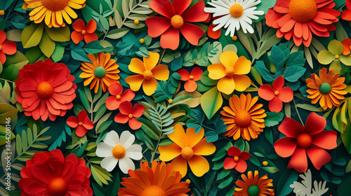 Vibrant Floral 3D Seamless Pattern: Red, Orange, Yellow, and White Flowers