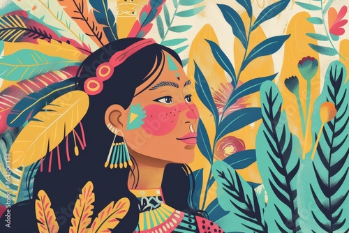 beautiful woman on  indigenous people day flat illustration photo