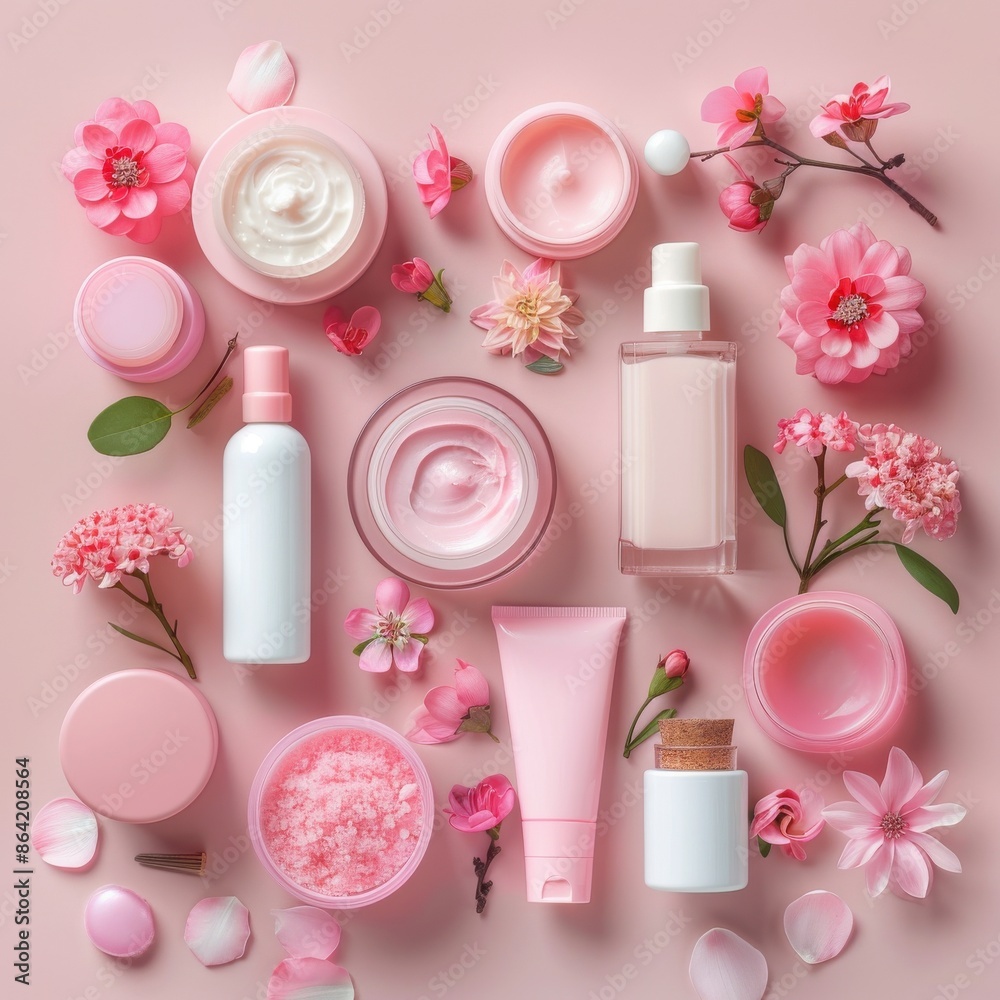 A collection of beauty products, including a bottle of lotion. Cosmetic concept A collection of beauty products, including a bottle of lotion. Cosmetic concept