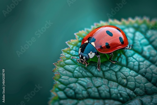 Ladybug crawling on a fresh green leaf, bright daylight, ultracloseup, vivid red and green contrast, capturing tiny details and natural textures, macro photography photo