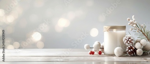 Elegant Christmas decoration featuring a white candle, pinecones, red berries, and snowballs on a white wooden table with a blurred background. photo