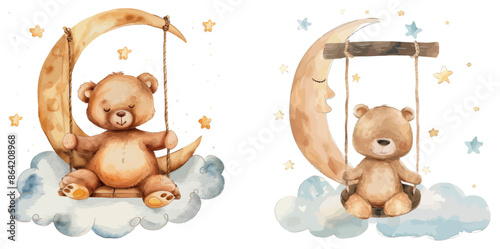 Cartoon bear on the moon and clouds. Watercolor illustration for baby showers and kids' posters.