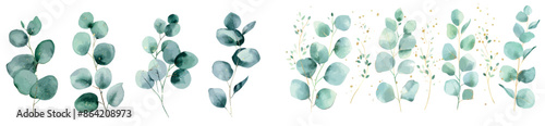 Wedding bouquets watercolor and gold splatters set. Foliage, tropical leaves, artificial plants, botanical art design set for logo, wall art, canvas prints, invite cards.