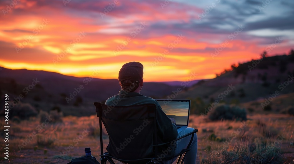 Silhouette of a person using a laptop during sunset in a rural setting Silhouette of a person using a laptop during sunset in a rural setting