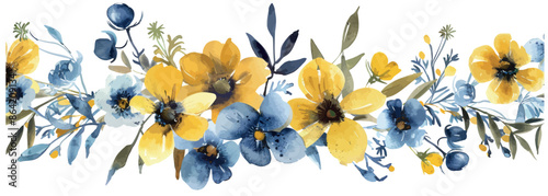 Watercolor painted floral seamless border. Wild flowers, branches, leaves, and twigs.