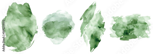 An abstract painting of green watercolor splatters on a white background. A watercolour texture in salad colors. An ink paint brush stain. A pastel watercolor pastel splash.