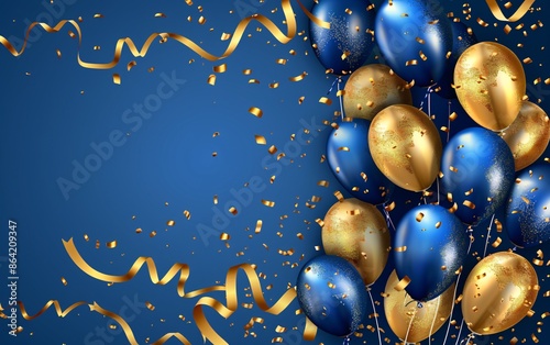 Holiday background with golden and blue metallic balloon