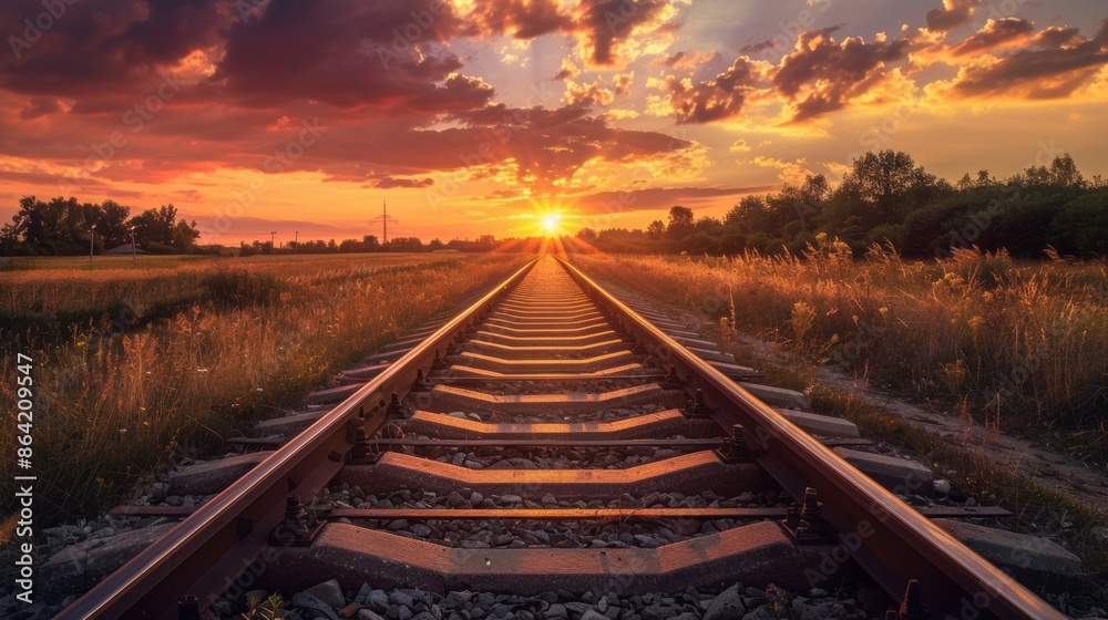 Railroad tracks at sunset in a rural setting Railroad tracks at sunset in a rural setting