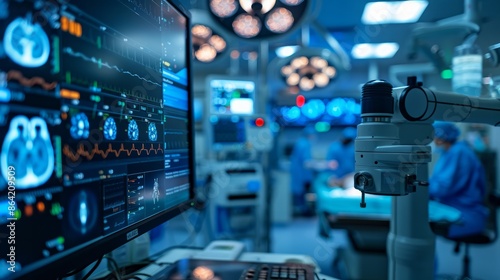 An AI-enabled robotic arm assisting a surgical team in a high-tech operating room, demonstrating the next level of medical precision.