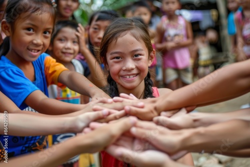 diverse underprivileged kids together united on group portraitWorld Humanitarian Day, charity, helping others and volunteering