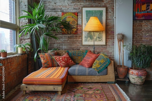 Boho-chic floor lamp with a rattan base and a large, colorful fabric shade, creating a cozy nook in the corner of an eclectic living space © Ayan