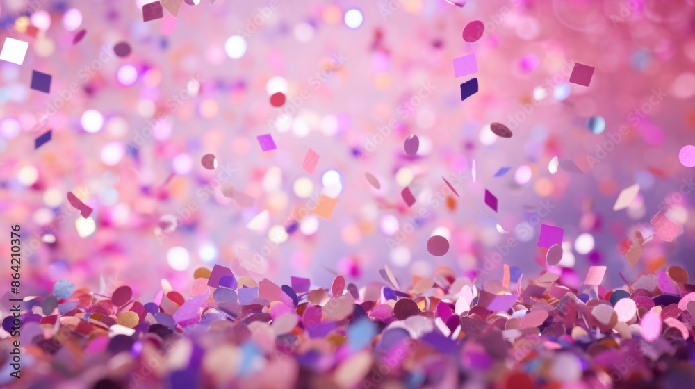Obraz premium Vibrant pink and purple confetti cascading down with a soft bokeh background, perfect for party celebrations.