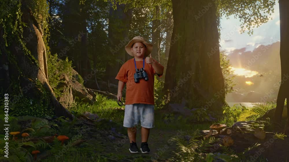 Asian Boy With A Hat And Binoculars Showing Magnifying Glass And Thumbs Up Gesture To Camera. Boy Researcher Examines Something While Exploring Forest Nature, Travel Adventure, Full Body Asian Boy With A Hat And Binoculars Showing Magnifying Glass And Thumbs Up Gesture To Camera. Boy Researcher Examines Something While Exploring Forest Nature, Travel Adventure, Full Body