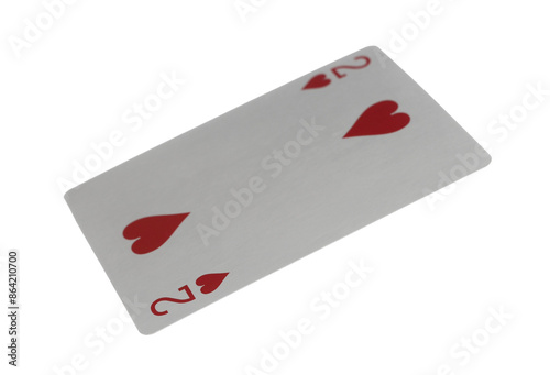 Flying playing card for poker and gambling, deuce isolated on white, clipping path