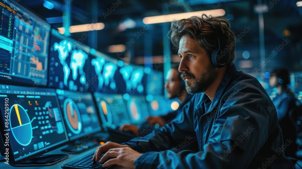 A focused man wearing headphones works in a control room, monitoring multiple screens displaying global data and analytics, emphasizing technology and operations. A focused man wearing headphones works in a control room, monitoring multiple screens displaying global data and analytics, emphasizing technology and operations.