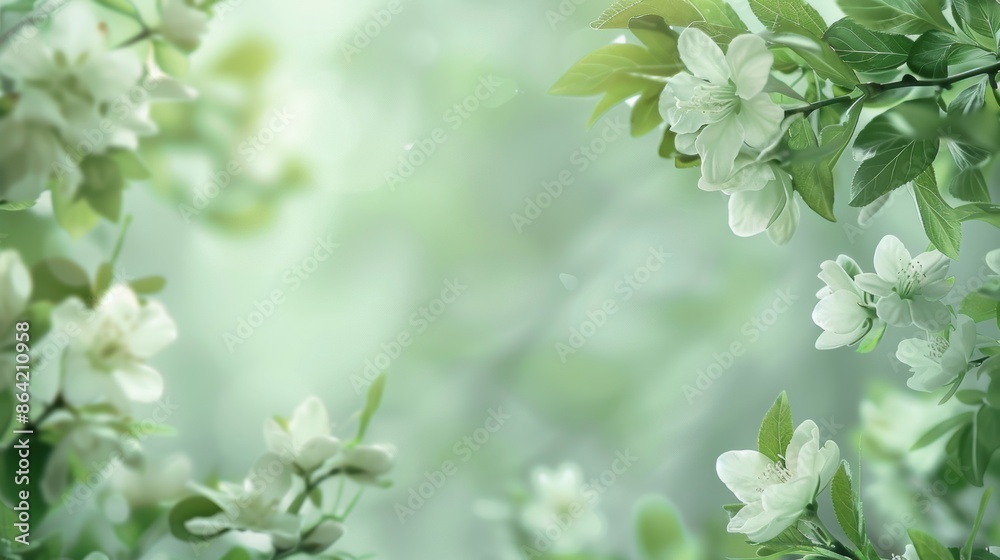 Fototapeta premium Delicate white blossoms against a green background, softly focused to create a serene and natural springtime scene.
