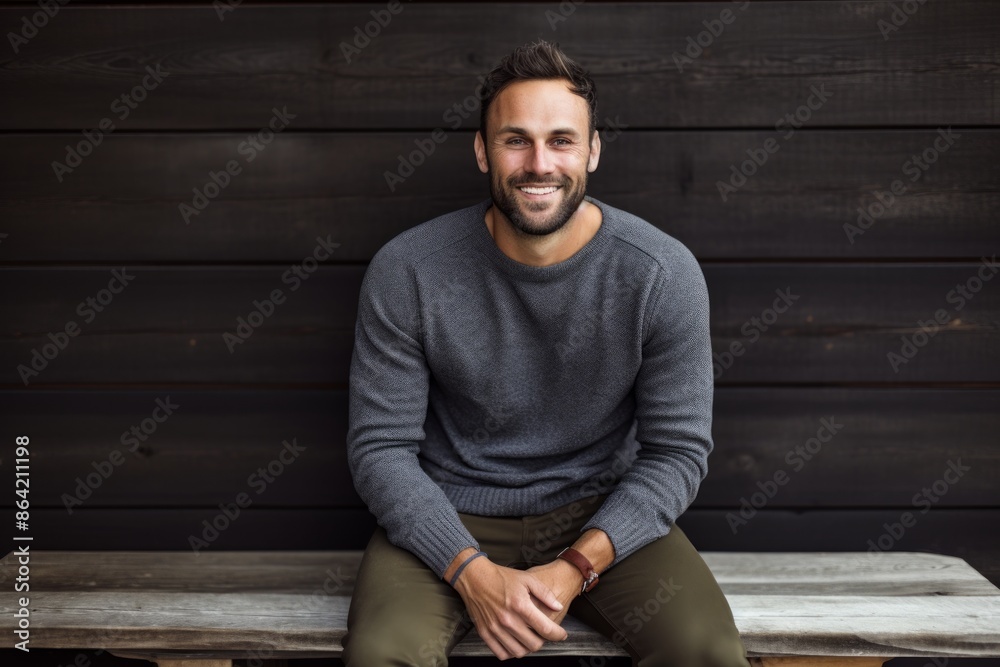 Portrait of a happy man in his 30s wearing a cozy sweater isolated on rustic wooden wall Portrait of a happy man in his 30s wearing a cozy sweater isolated on rustic wooden wall