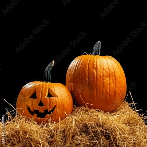 Halloween JackO'Lantern Pumpkins on Straw Bale Isolated on Black Background Festive Autumn Decoration for Seasonal Celebrations
