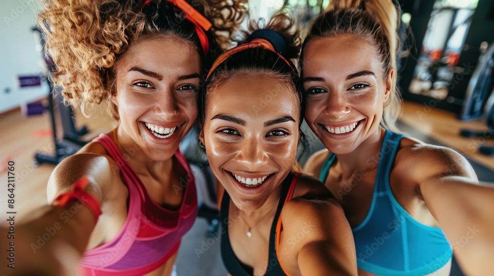 Happy athletic women are having fun and taking selfies during sports training in the gym.