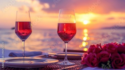 A couple is enjoying a romantic dinner by the ocean, with two wine glasses
