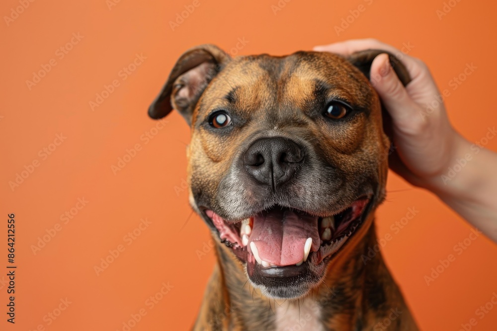 A dog whose head is rubbed smiles happily A dog whose head is rubbed smiles happily