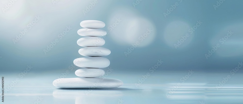 Stacked white pebbles on a smooth surface with a calm, serene blue bokeh background, representing balance and tranquility. Stacked white pebbles on a smooth surface with a calm, serene blue bokeh background, representing balance and tranquility.