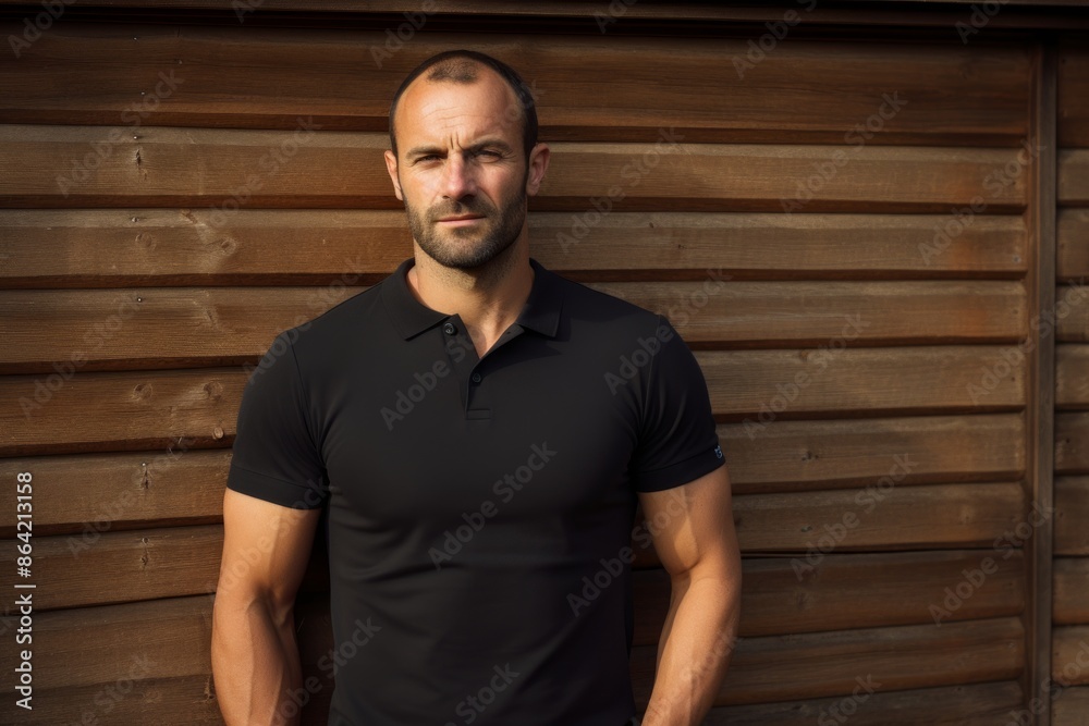 Naklejka premium Portrait of a content man in his 40s wearing a sporty polo shirt in front of rustic wooden wall