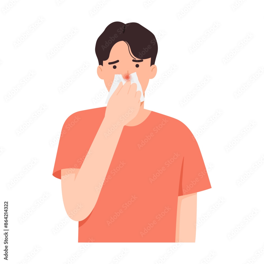 Man is sick, has an itchy nose, has a cold and has a runny nose.Vector illustration isolated on white background. Man is sick, has an itchy nose, has a cold and has a runny nose.Vector illustration isolated on white background.