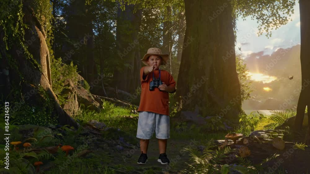 Asian Boy With A Hat And Binoculars Pointing His Finger Towards You And Furiously Speaking Against Blaming You While Exploring Forest Nature. Boy Researcher, Travel Adventure, Full Body Asian Boy With A Hat And Binoculars Pointing His Finger Towards You And Furiously Speaking Against Blaming You While Exploring Forest Nature. Boy Researcher, Travel Adventure, Full Body