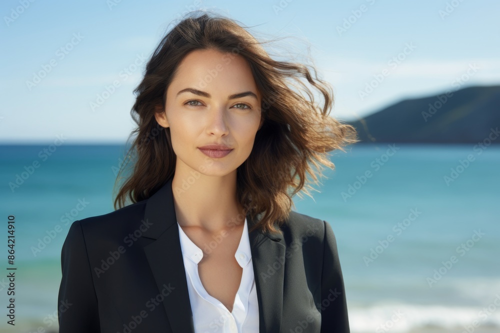 Portrait of a satisfied woman in her 20s dressed in a stylish blazer while standing against tranquil ocean backdrop Portrait of a satisfied woman in her 20s dressed in a stylish blazer while standing against tranquil ocean backdrop
