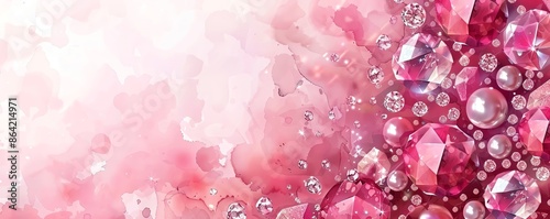 Luxurious watercolor background with diamonds and pearls, empty space for text