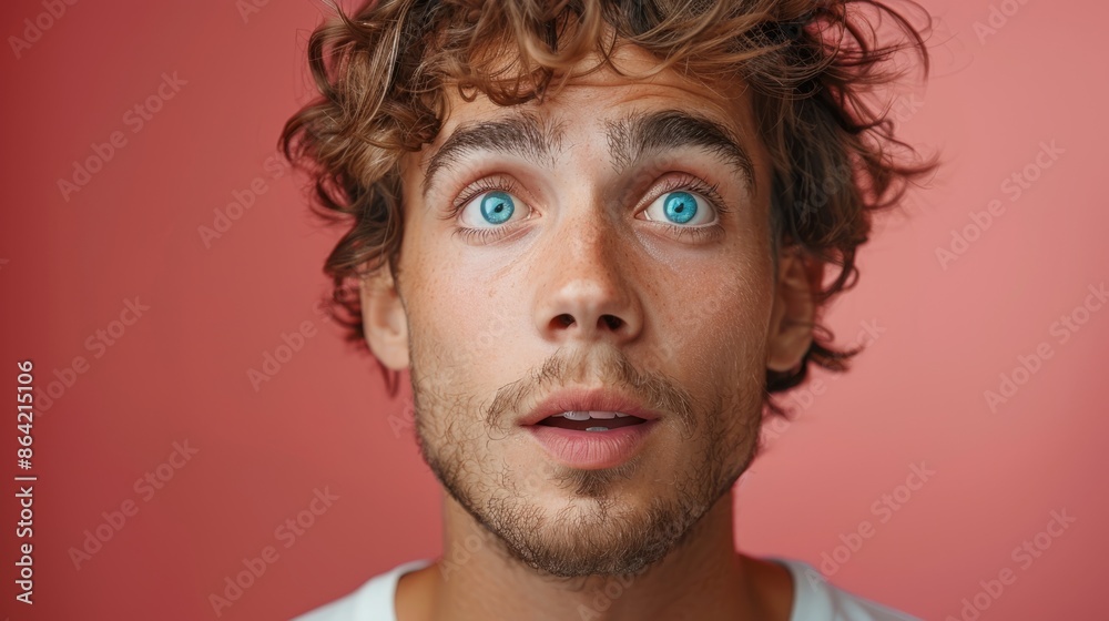 Closeup Portrait of Young Man with Curly Hair and Bright Blue Eyes on Red Background Closeup Portrait of Young Man with Curly Hair and Bright Blue Eyes on Red Background