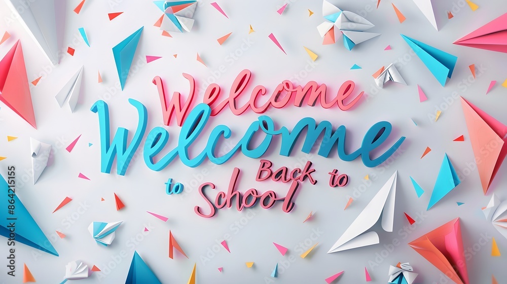 Welcome Back to School is prominently displayed in the center of the background, set against a clean, white backdrop. Decorative materials adorn the sides, adding a colorful and festive with rgb light Welcome Back to School is prominently displayed in the center of the background, set against a clean, white backdrop. Decorative materials adorn the sides, adding a colorful and festive with rgb light