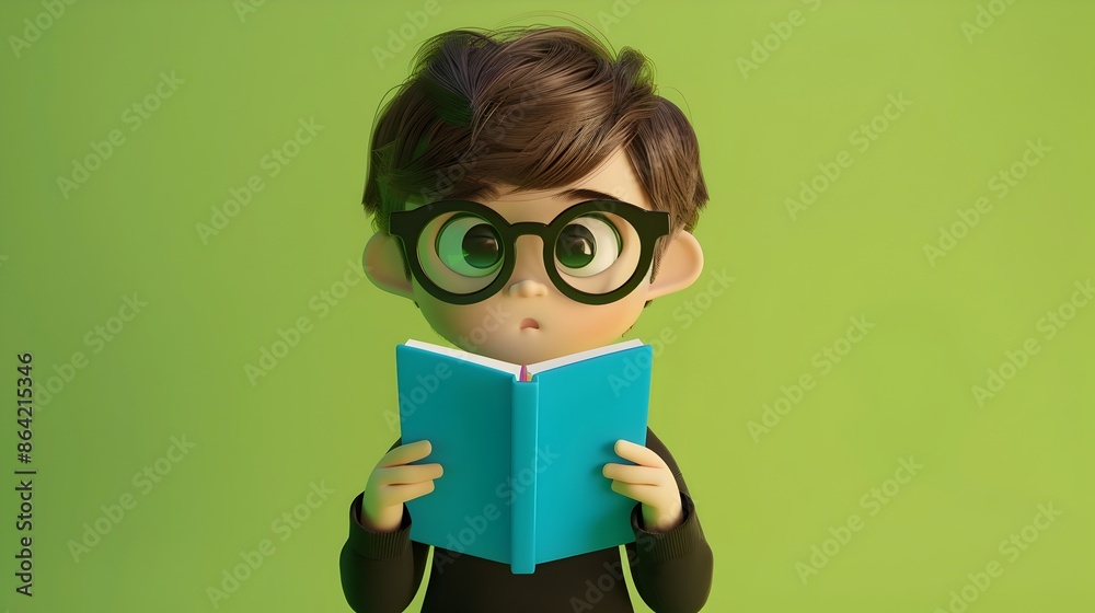 Young Curious Boy in Glasses Reading Book with Focused Expression Young Curious Boy in Glasses Reading Book with Focused Expression