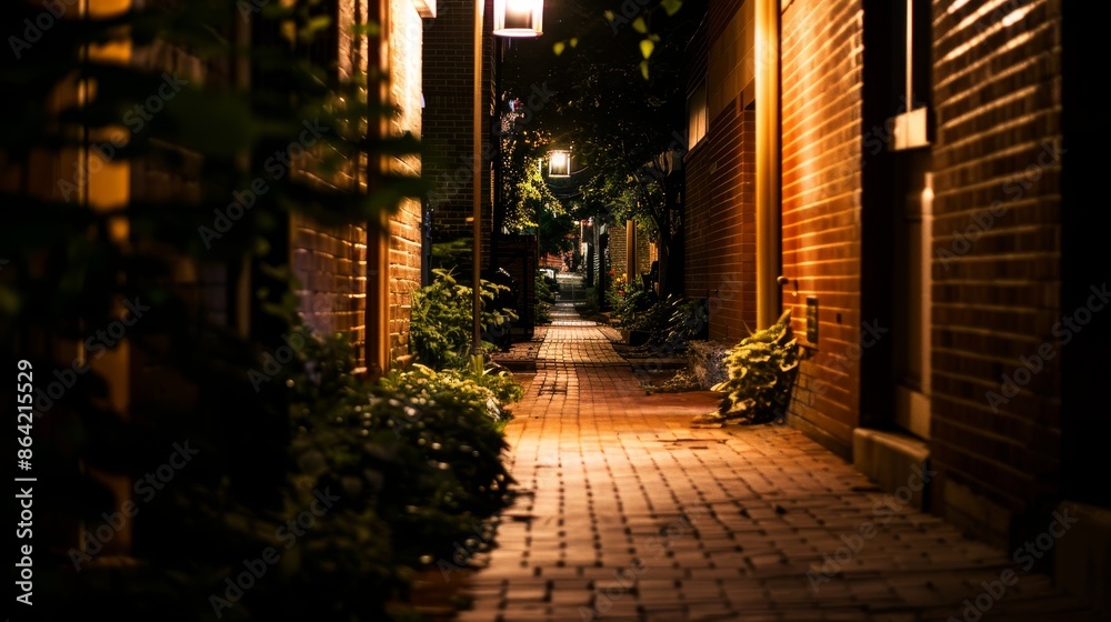Fototapeta premium Mysterious Nighttime Brick Street with Shadowy Figures and Dim Lamps