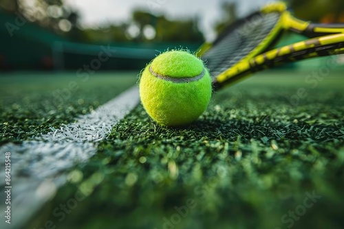 a tennis ball and racket on a tennis court professional photography photo