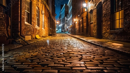 Mysterious Nighttime Brick Street with Shadowy Figures and Dim Lamps © Exotic Escape