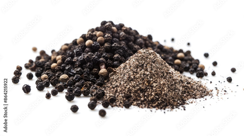 black peppers and powder isolated on white background black peppers and powder isolated on white background