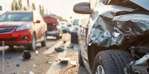 Car Accident Scene with Multiple Vehicles on Busy Road at Sunset   Traffic Collision, Emergency Response