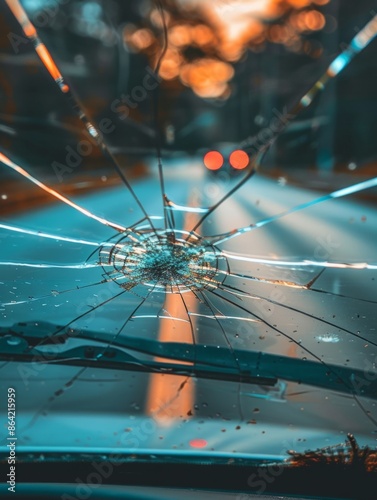 Fractured Windshield at Sunset Road Safety Reminder for Accident Prevention in Automotive Design
