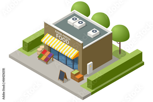 Isometric Farmers selling a Selection of Ecological Fruits and Vegetables at a Farmers Market. Vegetables fair food. Sellers and marketing, Shop and store building