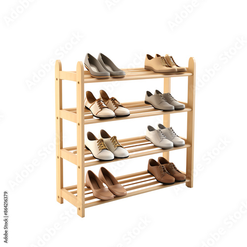 A wooden shoe rack filled with various pairs of shoes. Organized storage solution for footwear. Ideal for home or entryway use.