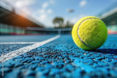 a tennis ball and racket on a tennis court professional photography