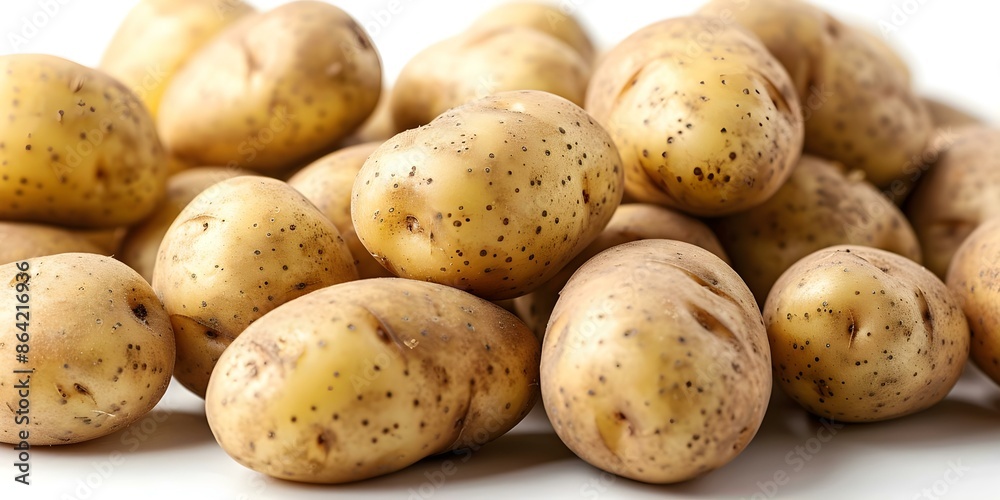 Fresh pile of potatoes isolated on white background organic and healthy. Concept Potatoes, Fresh Produce, Healthy Eating, Organic Food, White Background Fresh pile of potatoes isolated on white background organic and healthy. Concept Potatoes, Fresh Produce, Healthy Eating, Organic Food, White Background