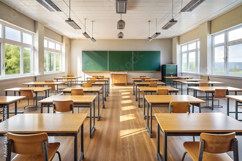 Empty Classroom with Wooden Desks and Blackboard. Perfect for: School
