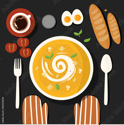 illustration of pupmkins or cream soup table concept vector  photo