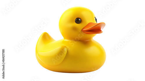 A bright yellow rubber duck bath toy isolated on a white background