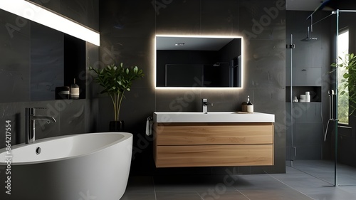 bathroom interior with mirror, and bathtub