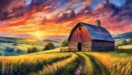 barn in the sunset