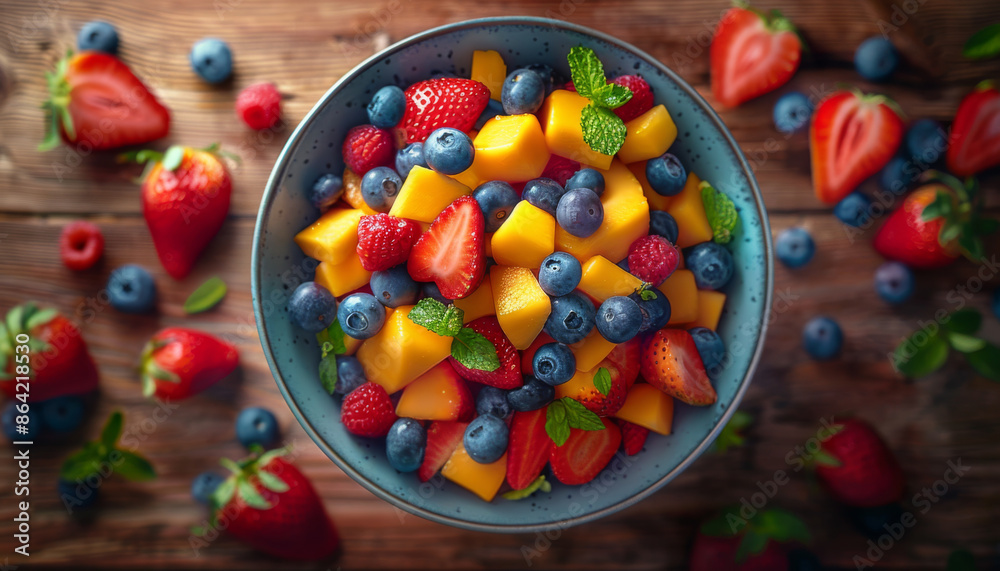 Fresh Fruit Salad in a Blue Bowl Fresh Fruit Salad in a Blue Bowl